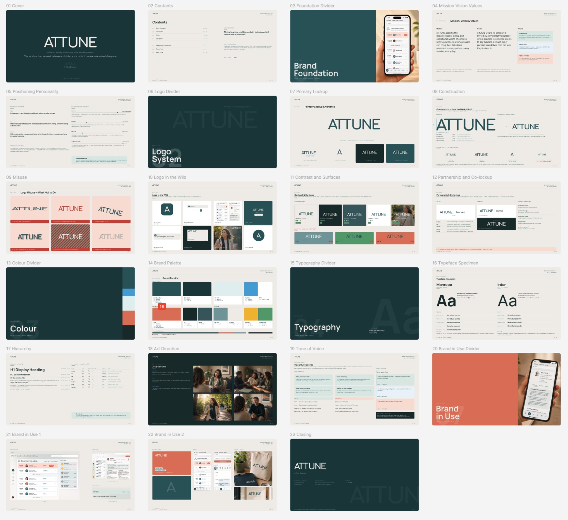 The ATTUNE brand system — logo system, color, typography, and brand-in-use