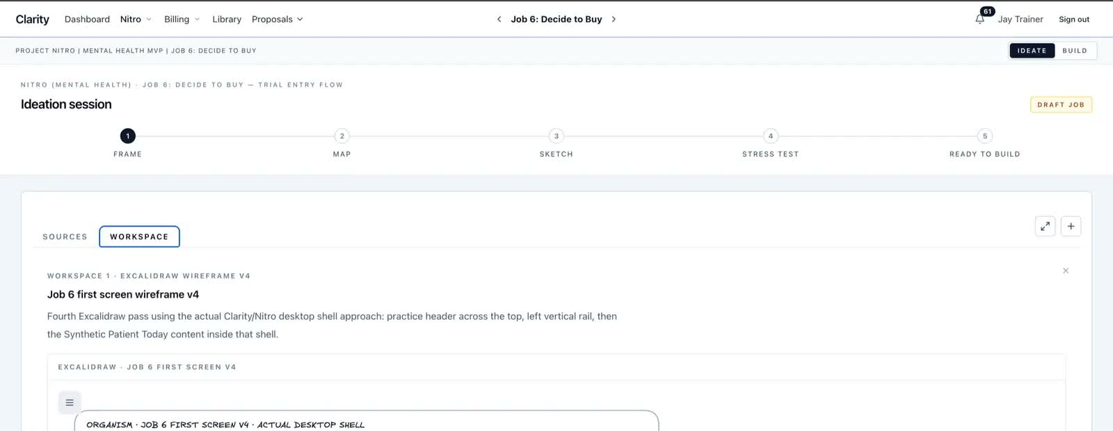 Cropped Clarity ideation workspace with staged review steps